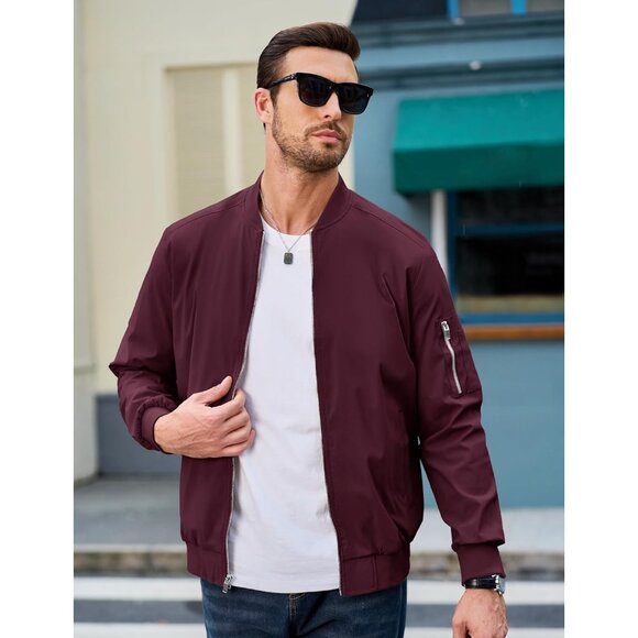 🆕 Men Red Bomber Jacket Lightweight Casual Windbreaker Full Zip Spring Coat - Picture 3 of 6